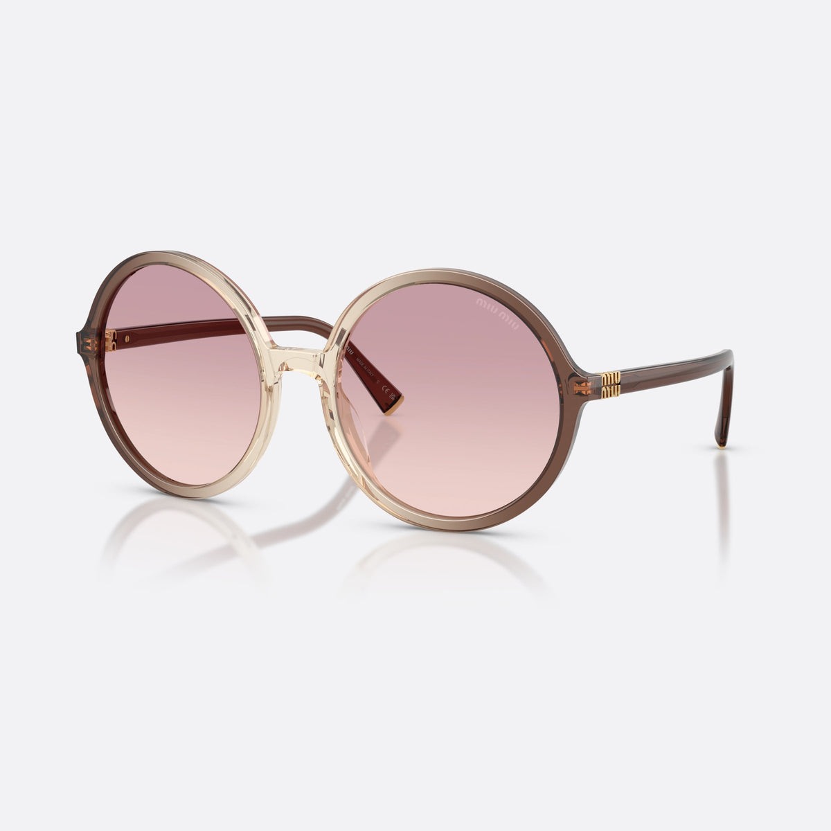 Miu Miu MU B02S 25G40S sunglasses, brown round frame for women, plain bridge, brand lettering on temples, full rim frame