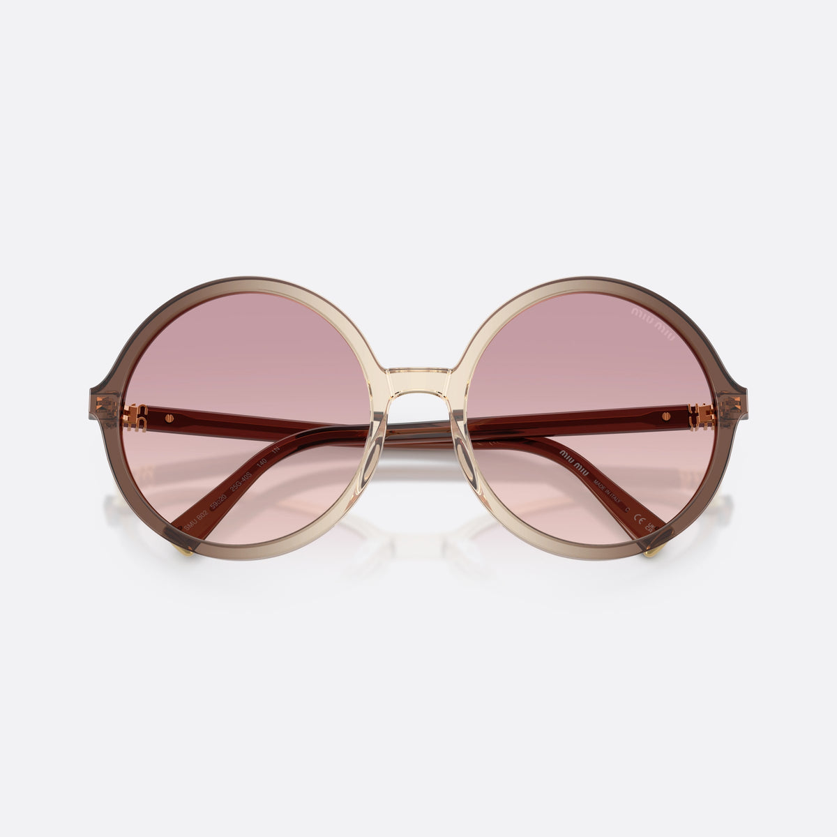 Miu Miu MU B02S 25G40S sunglasses, brown round frame for women, plain bridge, brand lettering on temples, full rim frame, folded