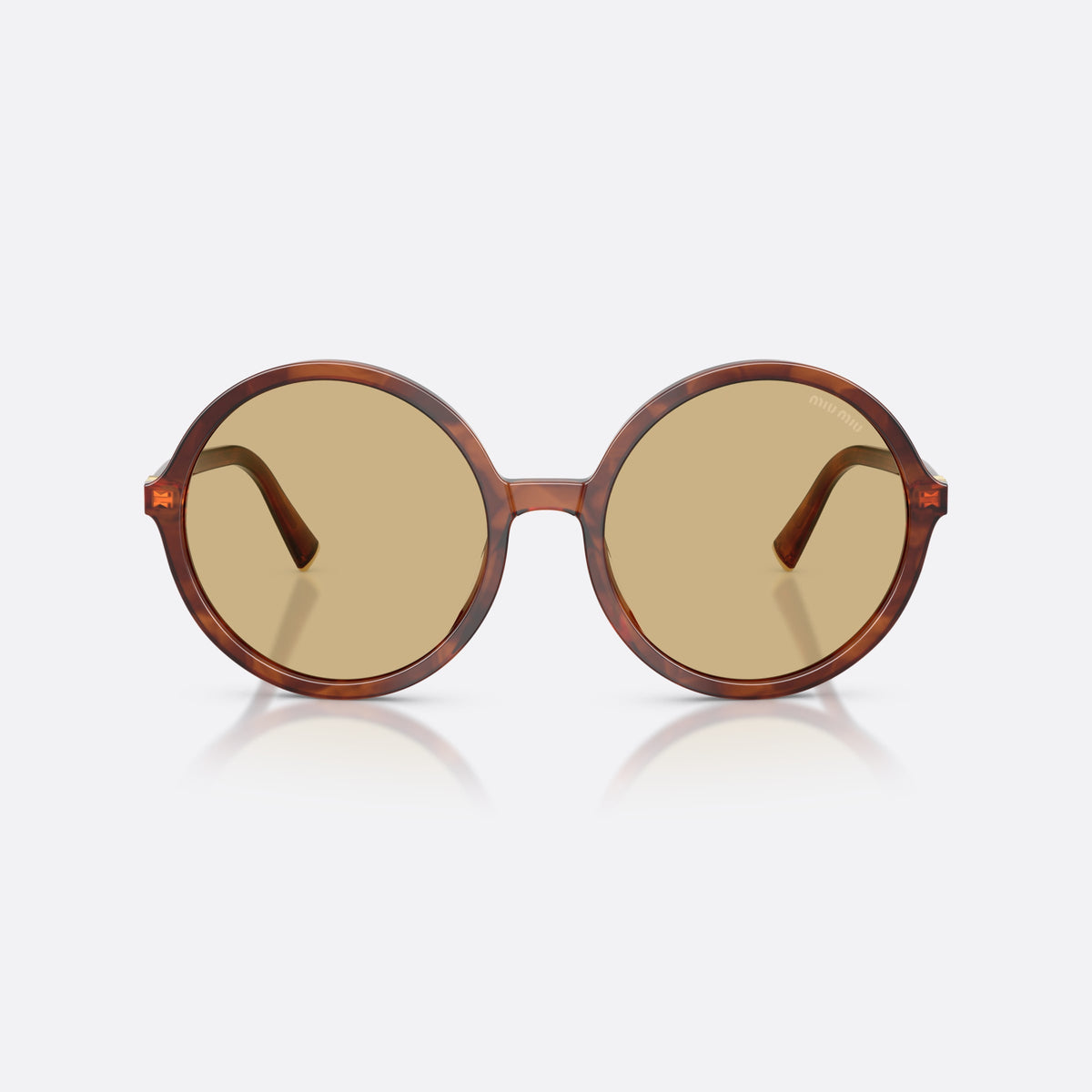 Ochelari de soare Miu Miu MU B02S 26E10R, rotunzi maro, pentru femei, punte simplă, litere ale brandului pe brațe, ramă completă, vedere din față