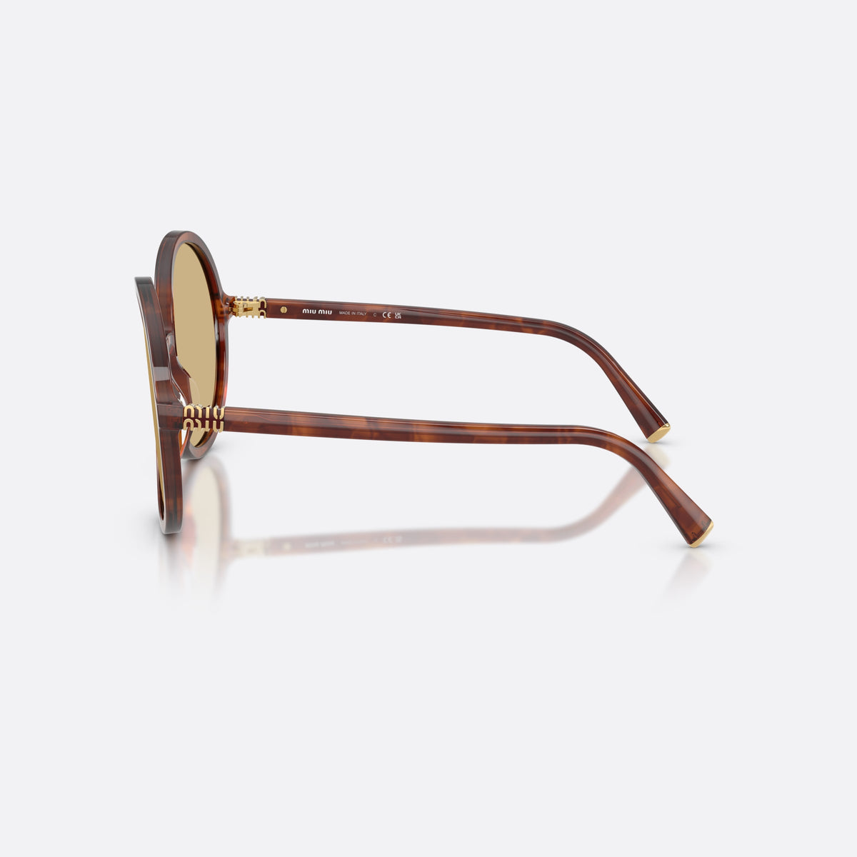 Ochelari de soare Miu Miu MU B02S 26E10R, rotunzi maro, pentru femei, punte simplă, litere ale brandului pe brațe, ramă completă, vedere laterală
