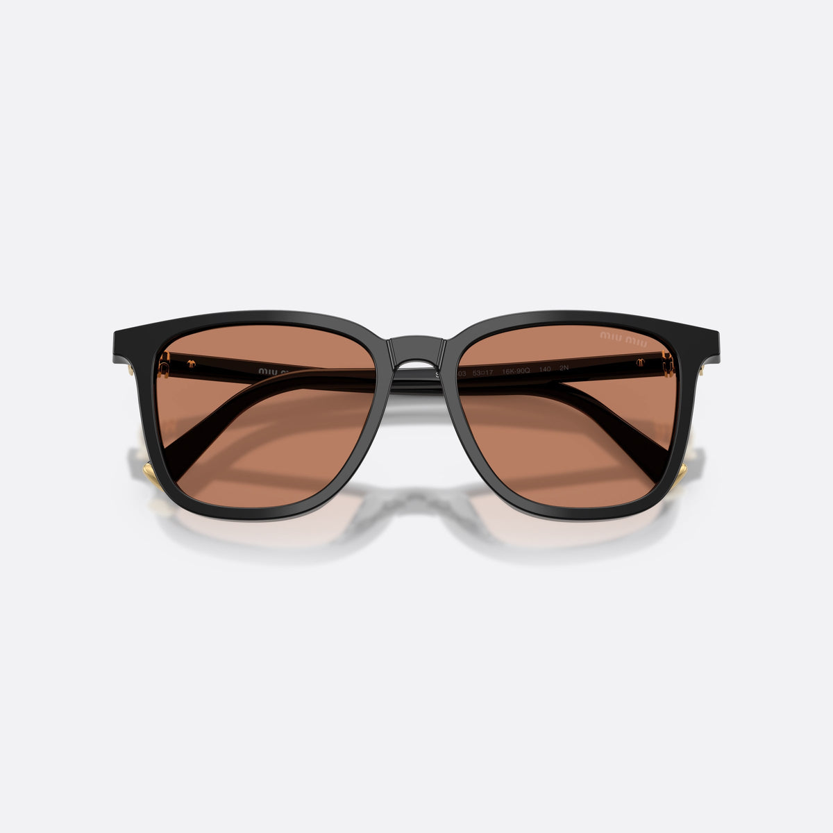 Miu Miu MU B03S 16K90Q sunglasses, black square frame for women, plain bridge, brand lettering on temples, full-rim frame, folded