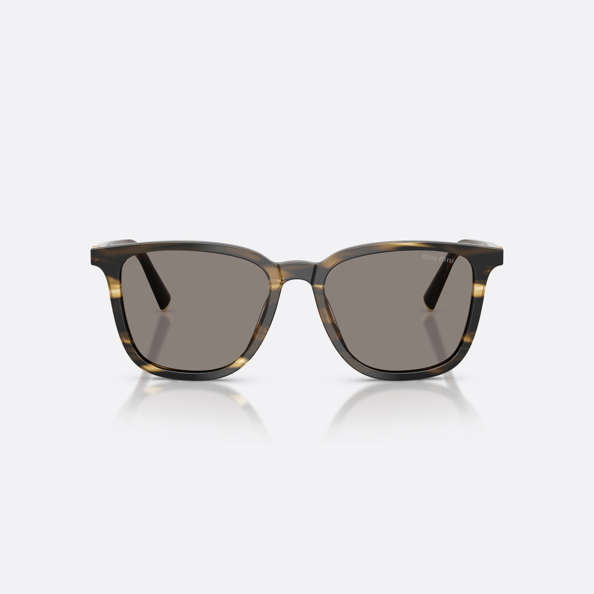 Miu Miu MU B03S 25E80Q sunglasses, green square frame for women, plain bridge, brand lettering on temples, full-rim frame, front view