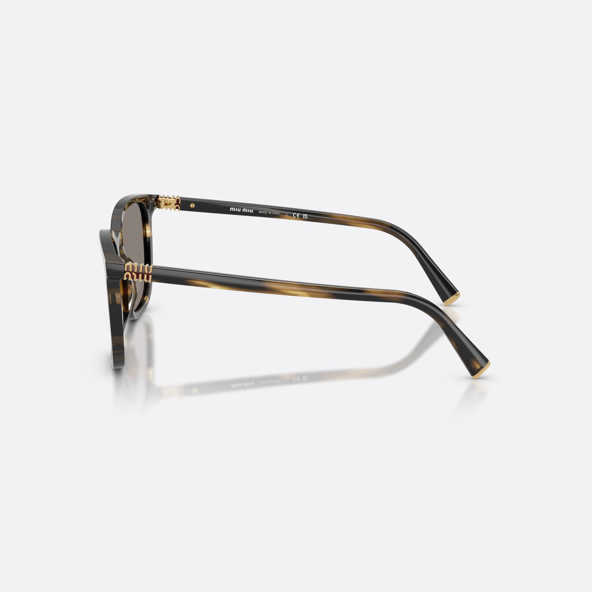 Miu Miu MU B03S 25E80Q sunglasses, green square frame for women, plain bridge, brand lettering on temples, full-rim frame, side view
