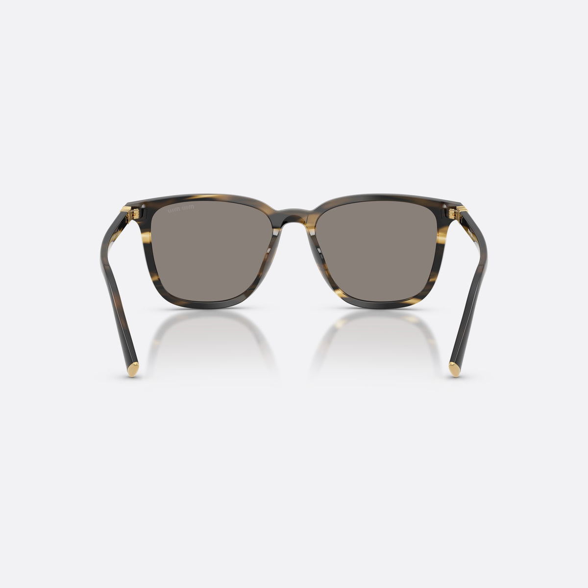 Miu Miu MU B03S 25E80Q sunglasses, green square frame for women, plain bridge, brand lettering on temples, full-rim frame, back view