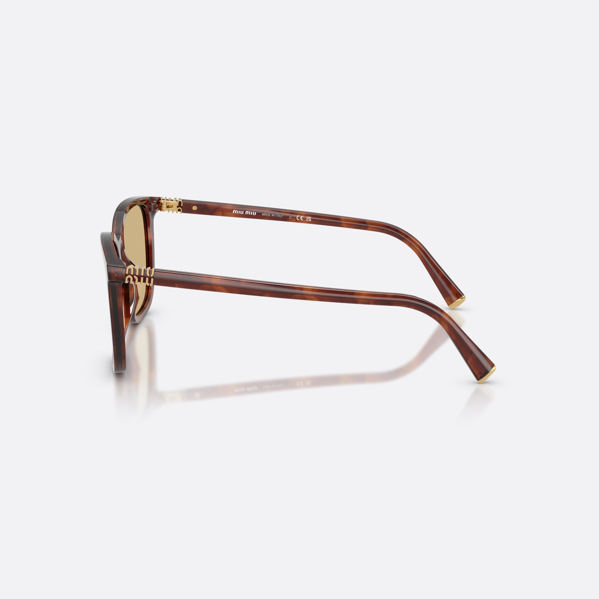 Miu Miu MU B03S 26E10R sunglasses, brown square frame for women, plain acetate bridge, brand lettering on temples, side view