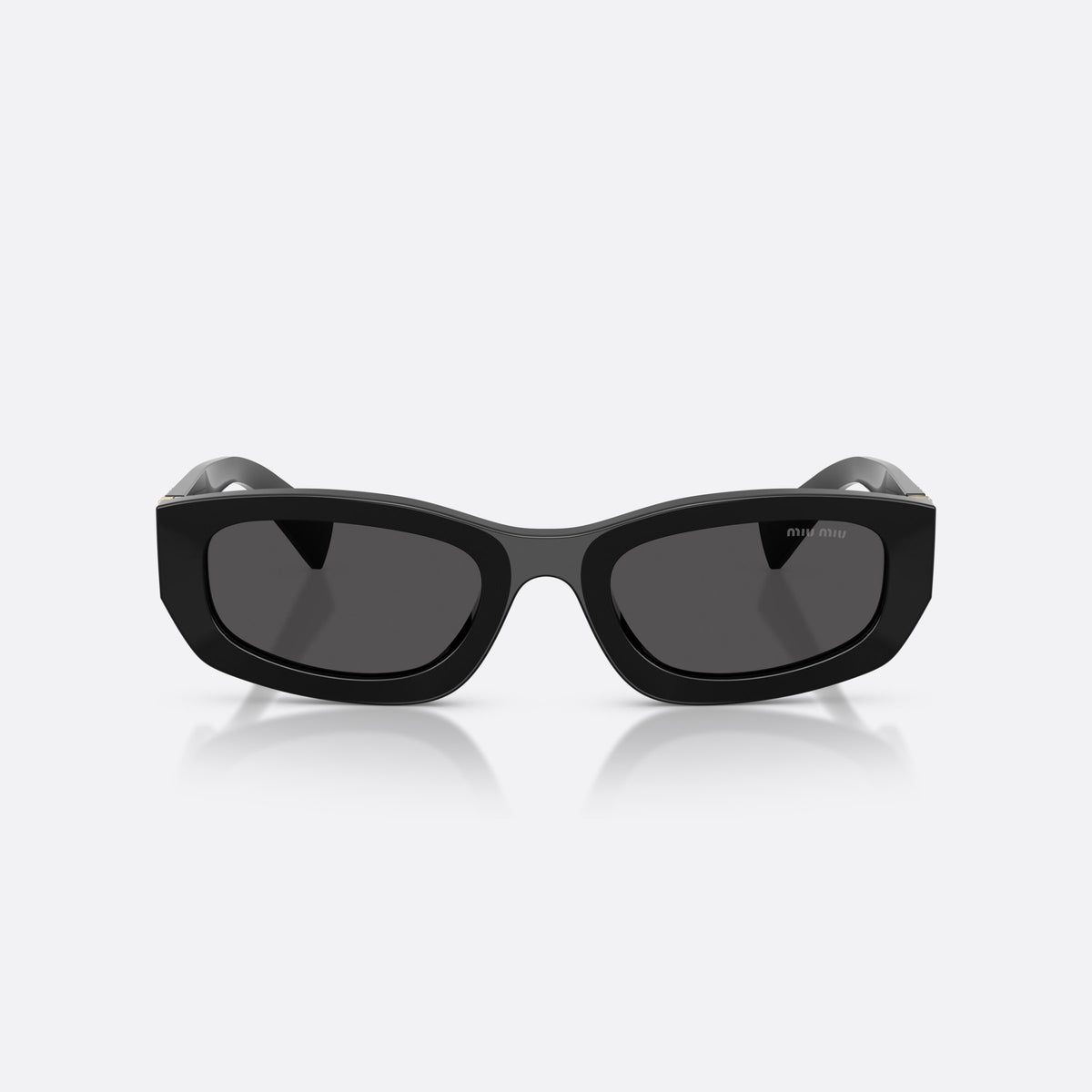 Miu Miu MU B04S 16K08Z sunglasses, black irregular frame for women, plain integrated bridge, brand lettering on temples, front view