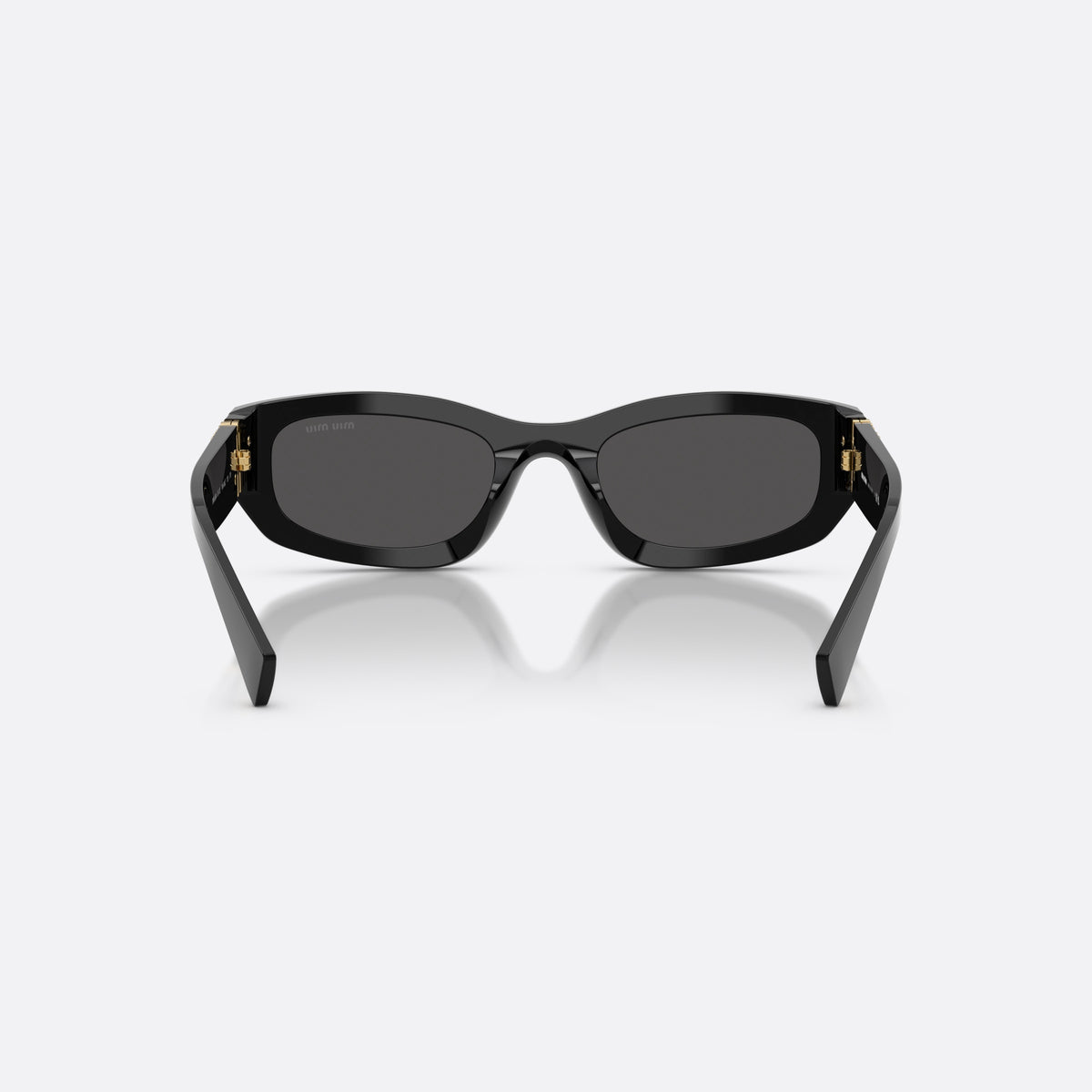 Miu Miu MU B04S 16K08Z sunglasses, black irregular frame for women, plain integrated bridge, brand lettering on temples, back view