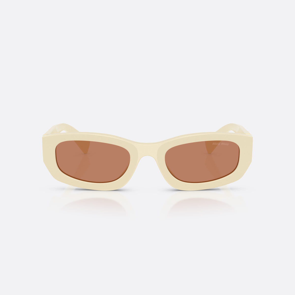 Miu Miu MU B04S 21D90Q sunglasses, white irregular frame for women, plain bridge, integrated into frame, tapered temple shape, front view
