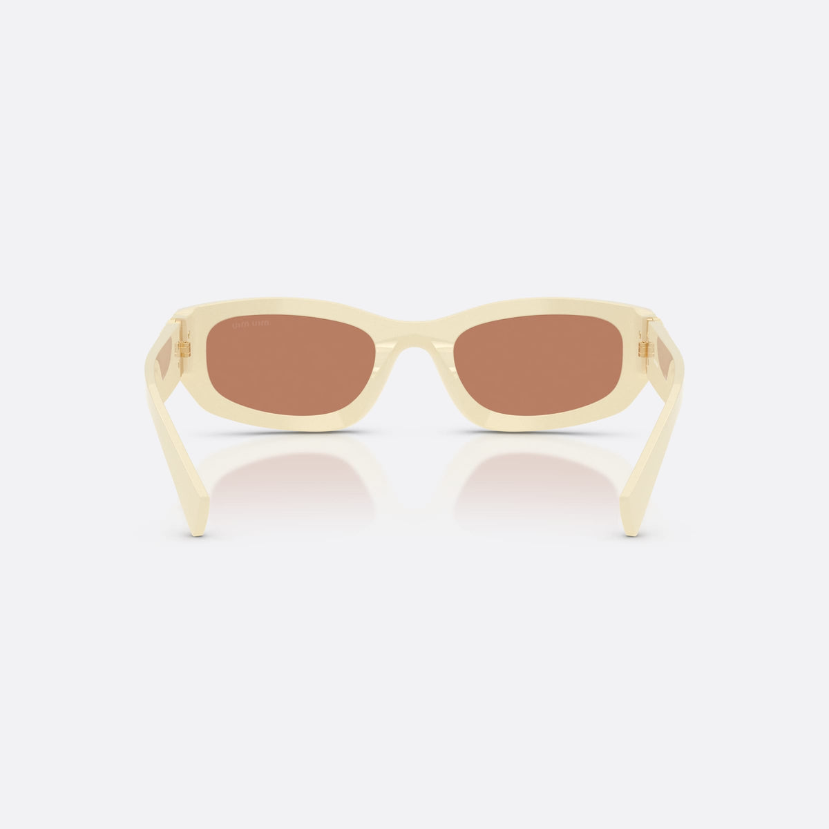 Miu Miu MU B04S 21D90Q sunglasses, white irregular frame for women, plain bridge, integrated into frame, tapered temple shape, back view