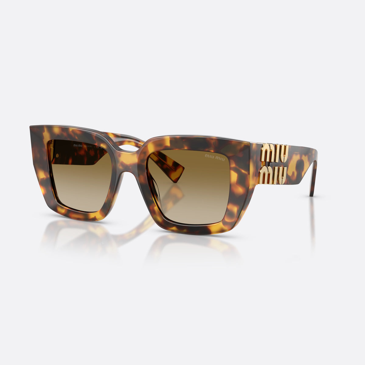 Miu Miu MU B05S 14L20U sunglasses, havana square frame for women, plain bridge, brand lettering on temples, metal hinges