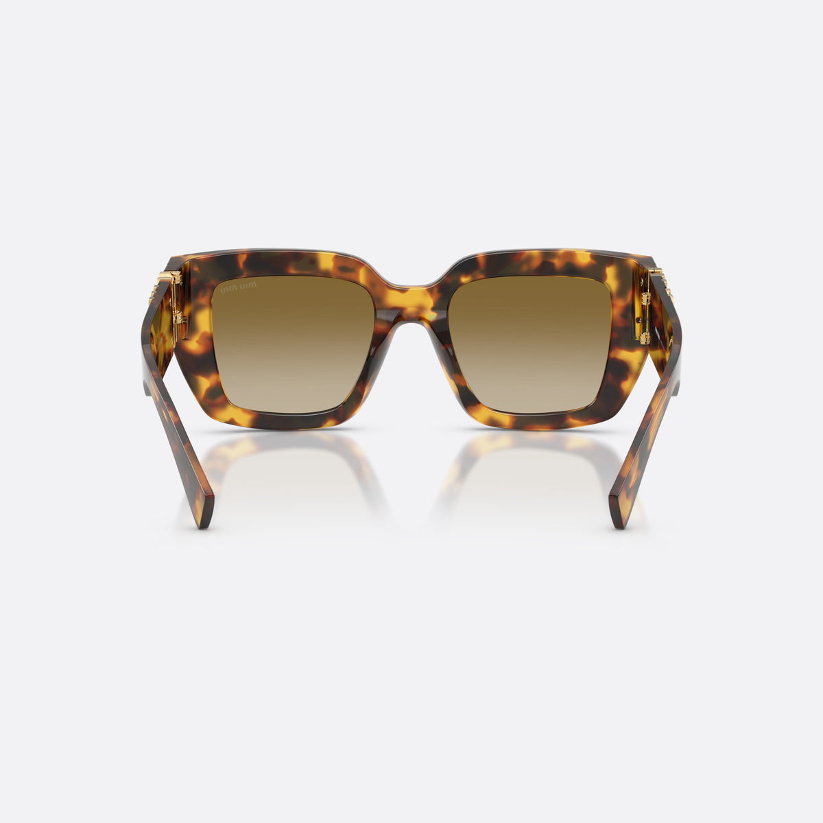 Miu Miu MU B05S 14L20U sunglasses, havana square frame for women, plain bridge, brand lettering on temples, metal hinges, back view