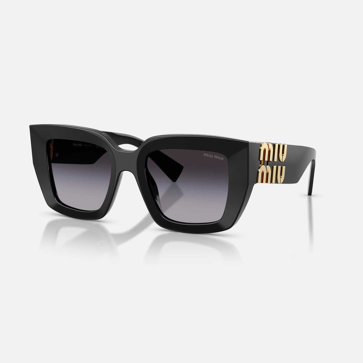 Miu Miu MU B05S 16K90A sunglasses, black square frame for women, plain bridge, brand logo plaque on temple, metal hinges