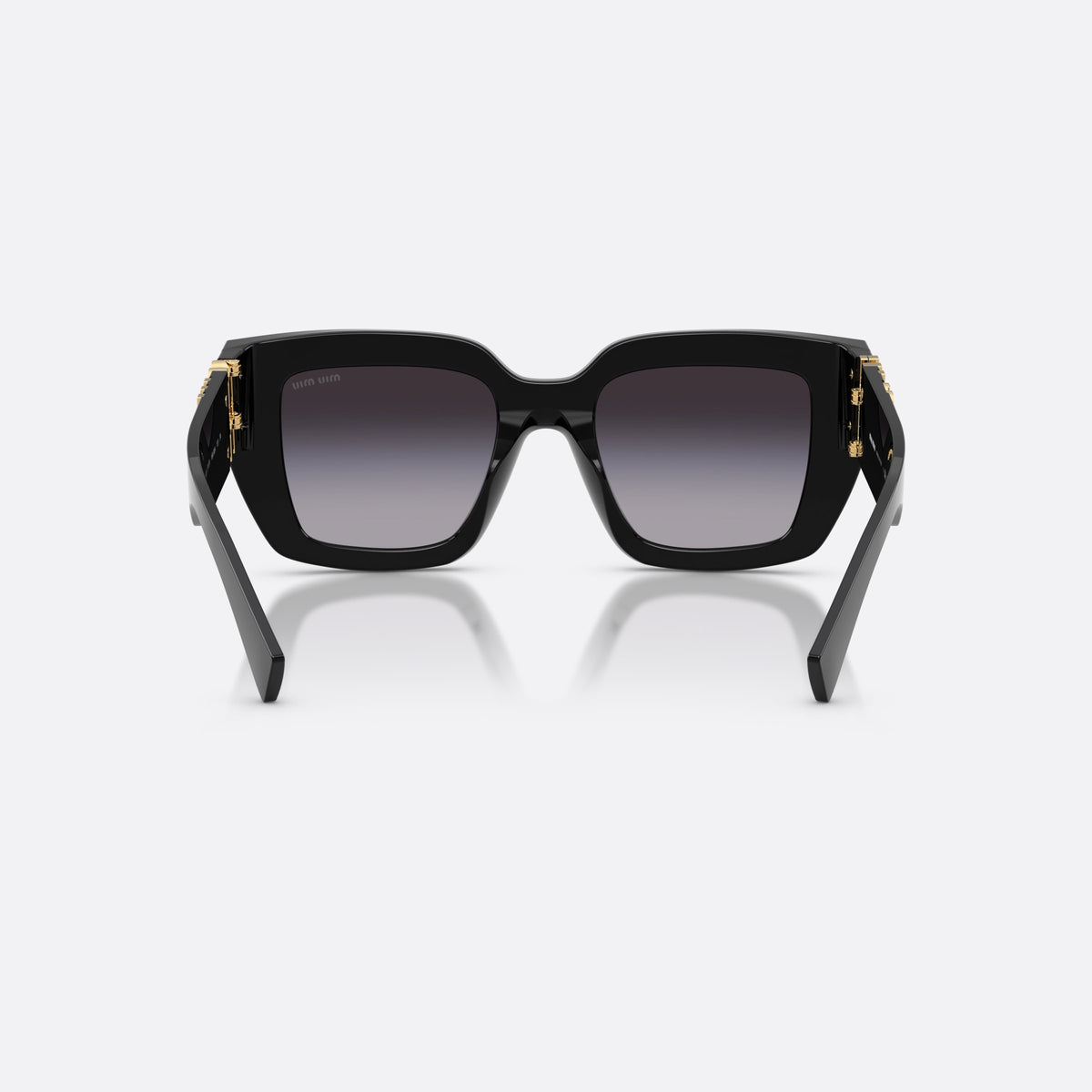 Miu Miu MU B05S 16K90A sunglasses, black square frame for women, plain bridge, brand logo plaque on temple, metal hinges, back view