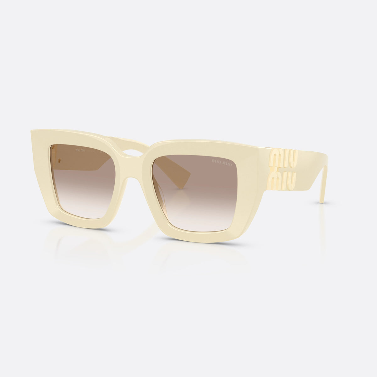 Miu Miu MU B05S 21D90L sunglasses, white square frame for women, keyhole bridge, brand lettering on the temples