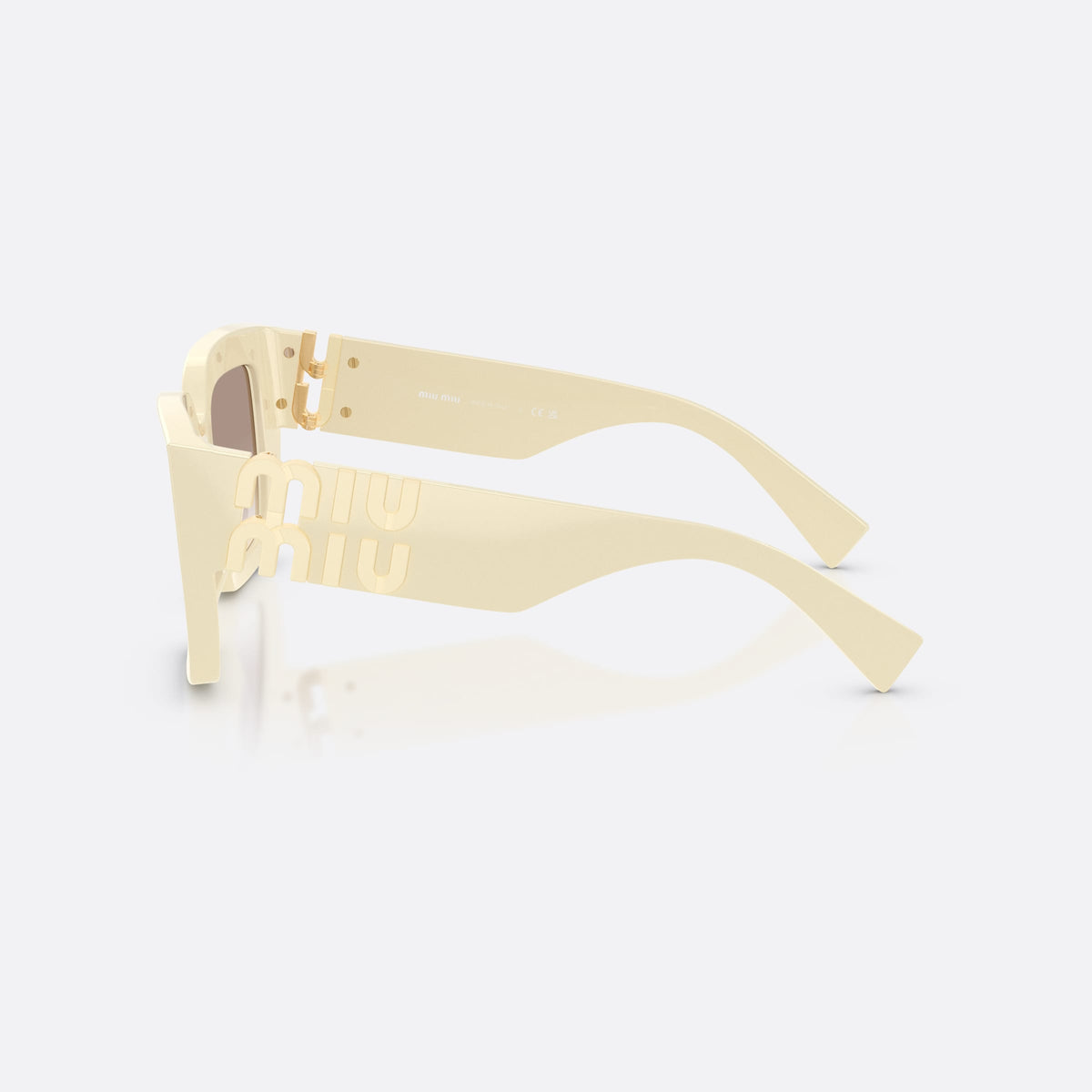Miu Miu MU B05S 21D90L sunglasses, white square frame for women, keyhole bridge, brand lettering on the temples, side view