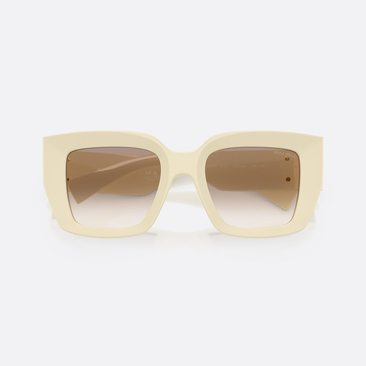 Miu Miu MU B05S 21D90L sunglasses, white square frame for women, keyhole bridge, brand lettering on the temples, folded