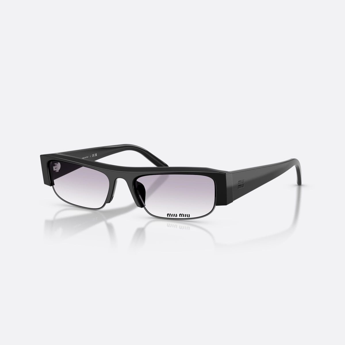 Miu Miu MU B07S 16K04O sunglasses, black rectangle frame for women, plain bridge, brand lettering on temple