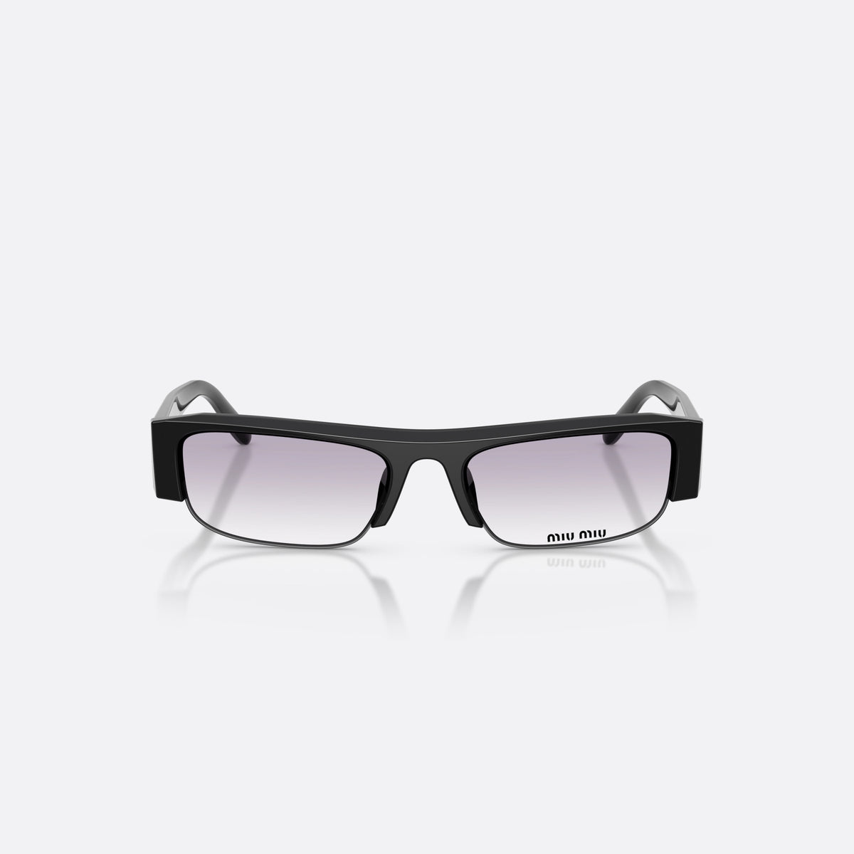 Miu Miu MU B07S 16K04O sunglasses, black rectangle frame for women, plain bridge, brand lettering on temple, front view