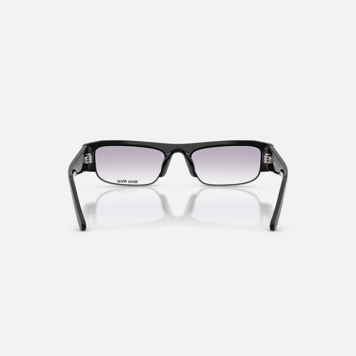 Miu Miu MU B07S 16K04O sunglasses, black rectangle frame for women, plain bridge, brand lettering on temple, back view