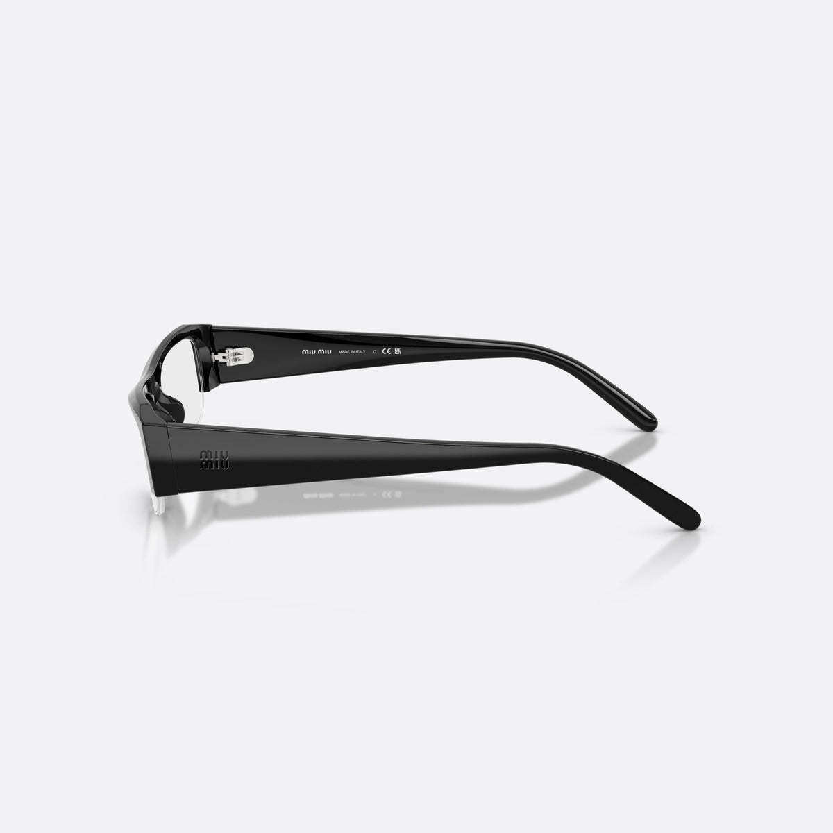 Miu Miu MU B07S 16K08N sunglasses, black rectangle frame for women, plain bridge, brand lettering on temples, side view
