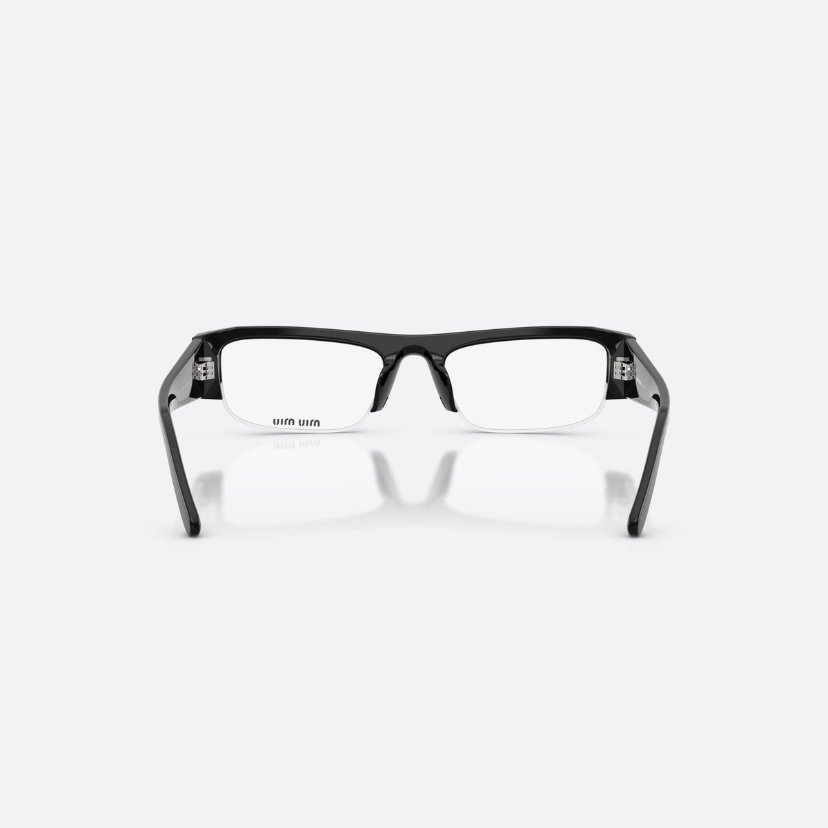 Miu Miu MU B07S 16K08N sunglasses, black rectangle frame for women, plain bridge, brand lettering on temples, back view