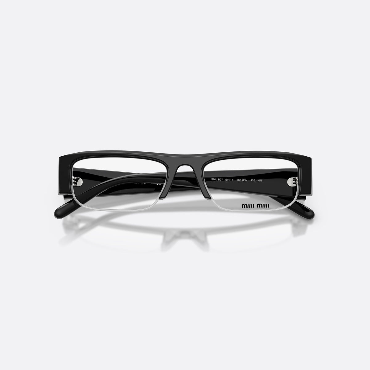 Miu Miu MU B07S 16K08N sunglasses, black rectangle frame for women, plain bridge, brand lettering on temples, folded