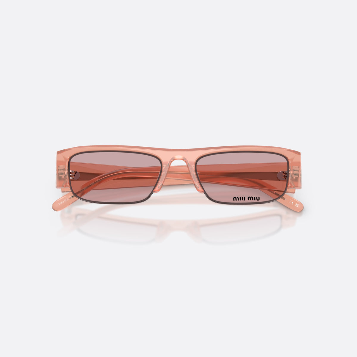 Ochelari de soare Miu Miu MU B07S 20I60V, rectangulari roz, pentru femei, punte integrată simplă, litere ale brandului pe lentilă, cu brațele pliate