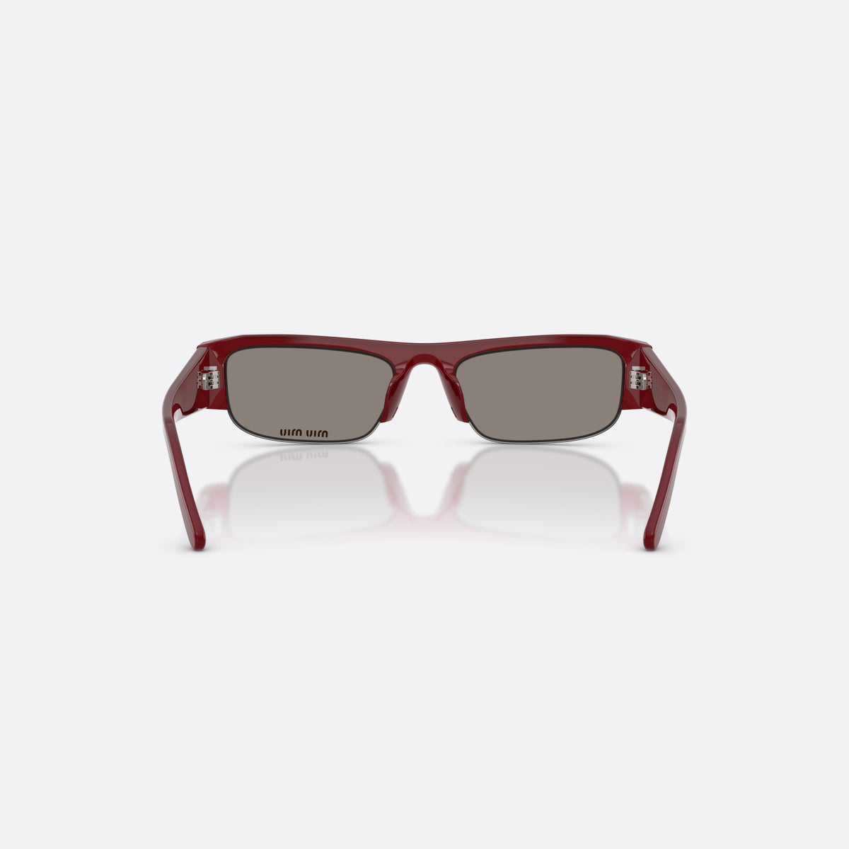 Miu Miu MU B07S 21I80Q sunglasses, violet rectangle frame for women, plain bridge, brand lettering on the temples, back view