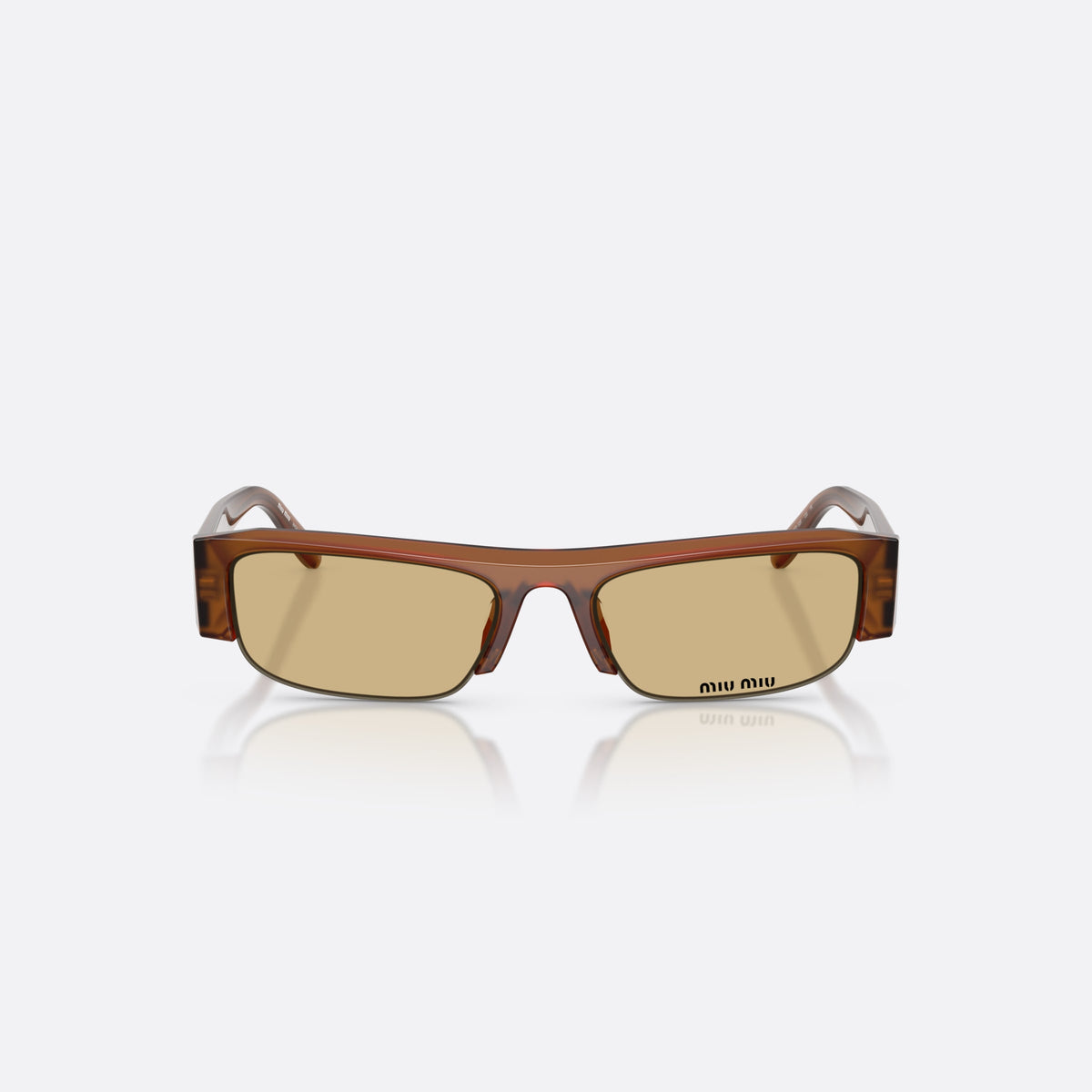 Ochelari de soare Miu Miu MU B07S 22I10R, rectangulari maro, pentru femei, punte simplă integrată, litere ale brandului pe lentilă, vedere din față