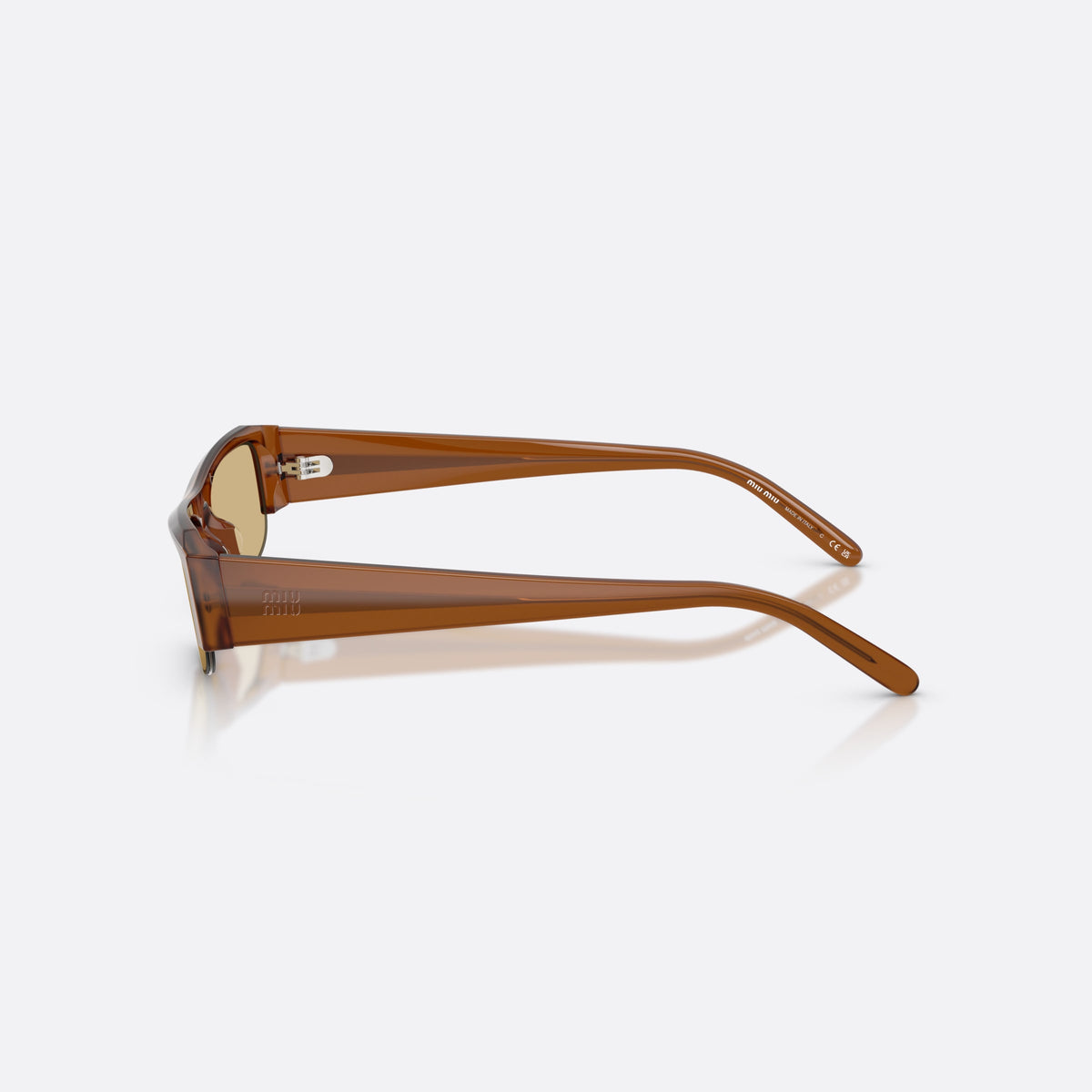 Ochelari de soare Miu Miu MU B07S 22I10R, rectangulari maro, pentru femei, punte simplă integrată, litere ale brandului pe lentilă, vedere laterală