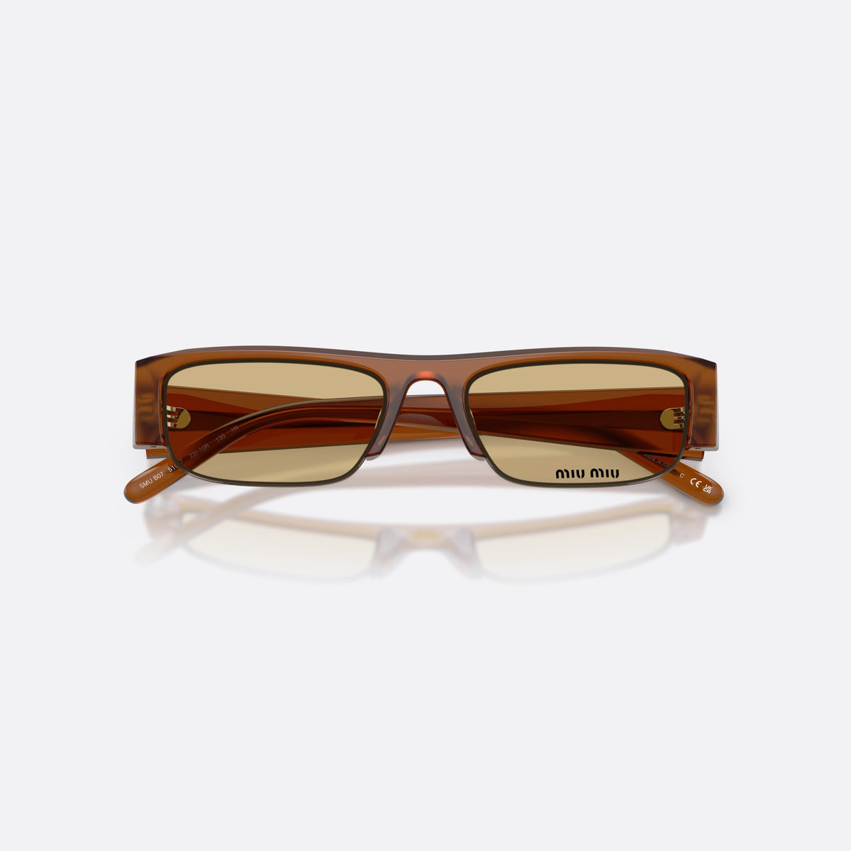 Ochelari de soare Miu Miu MU B07S 22I10R, rectangulari maro, pentru femei, punte simplă integrată, litere ale brandului pe lentilă, cu brațele pliate
