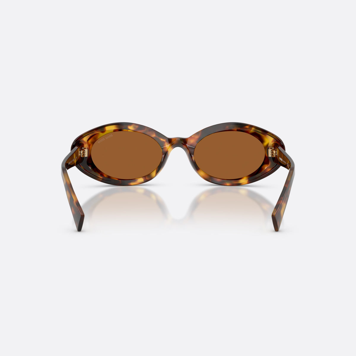 Miu Miu MU B09S 14L20V sunglasses, havana oval frame for women, plain acetate bridge, brand lettering on temple, back view