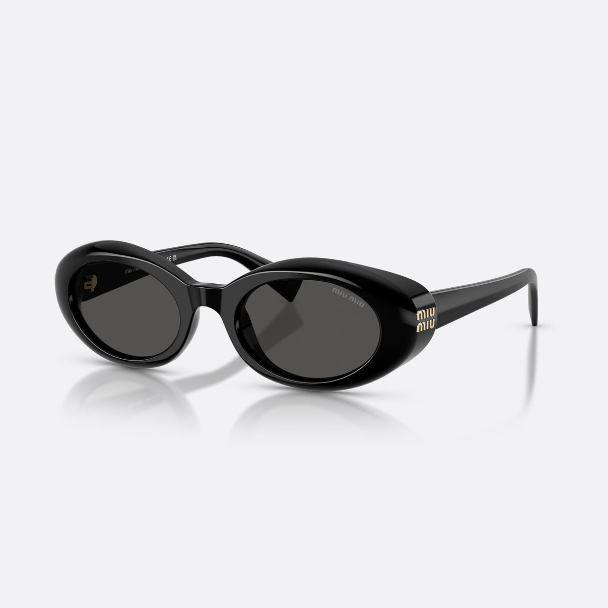 Miu Miu MU B09S 16K08Z sunglasses, black oval frame for women, plain bridge, brand lettering on temples, full-rim frame