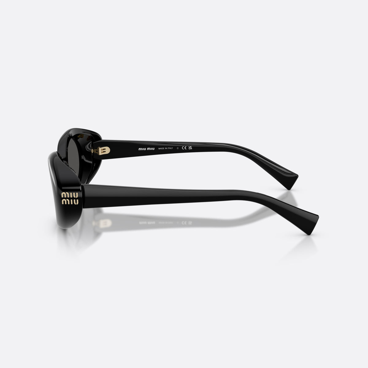Miu Miu MU B09S 16K08Z sunglasses, black oval frame for women, plain bridge, brand lettering on temples, full-rim frame, side view