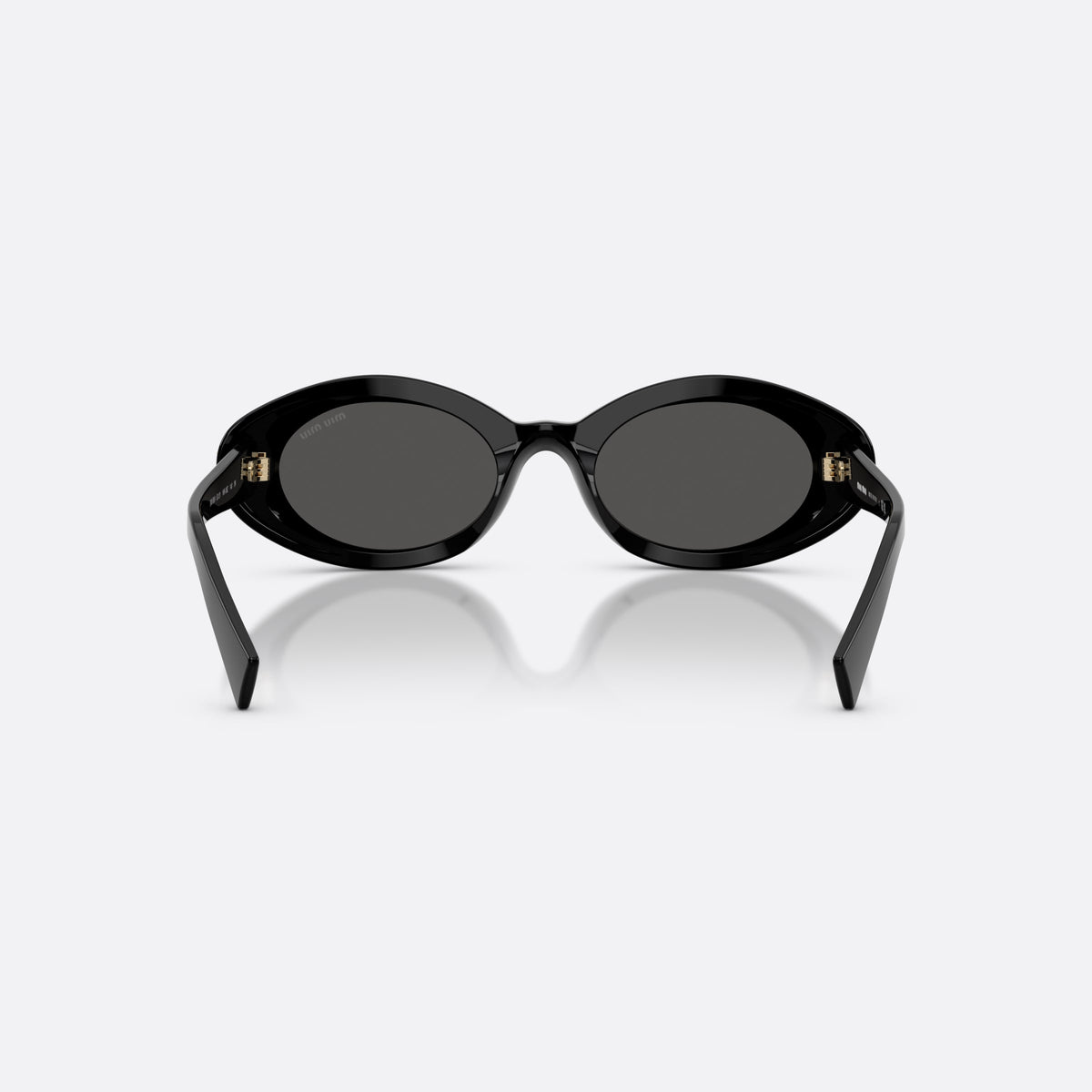 Miu Miu MU B09S 16K08Z sunglasses, black oval frame for women, plain bridge, brand lettering on temples, full-rim frame, back view