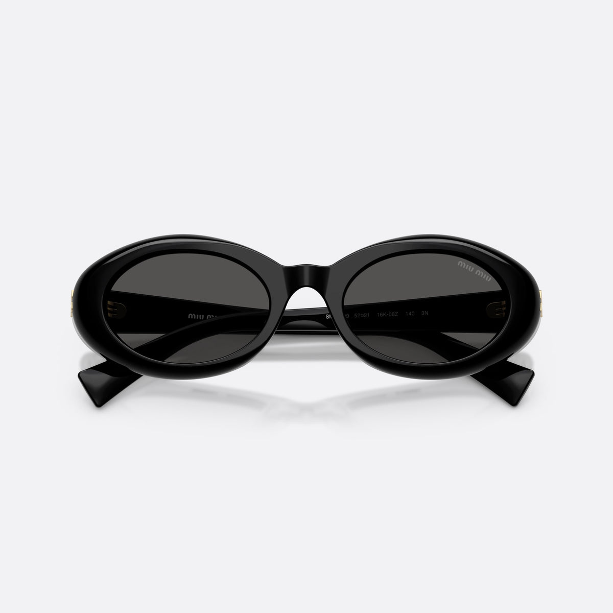 Miu Miu MU B09S 16K08Z sunglasses, black oval frame for women, plain bridge, brand lettering on temples, full-rim frame, folded