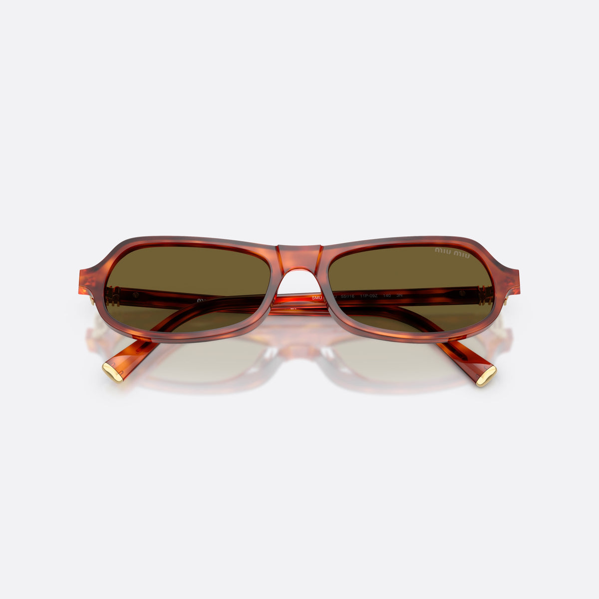 Ochelari de soare Miu Miu MU B10SU 11P09Z, neregulat maro, pentru femei, punte dublă simplă, literele brandului pe brațe, cu brațele pliate