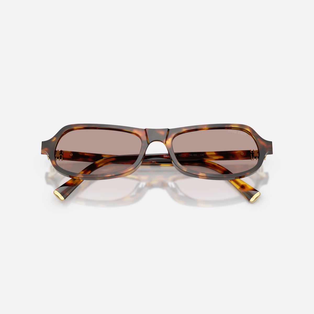 Miu Miu MU B10SU 14L20I sunglasses, havana irregular frame for women, keyhole bridge, brand lettering on temples, full-rim frame, folded