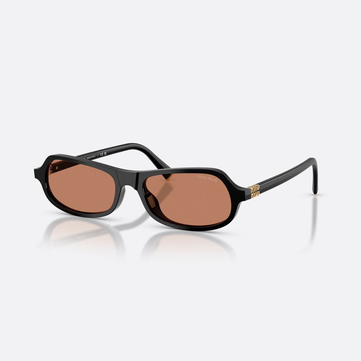 Miu Miu MU B10SU 16K90Q sunglasses, black irregular frame for women, plain double-piece bridge, brand lettering on the temples