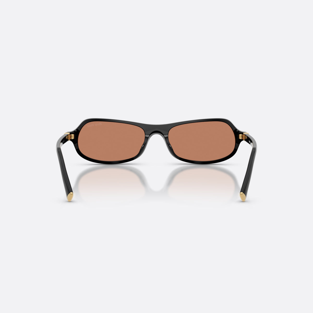 Miu Miu MU B10SU 16K90Q sunglasses, black irregular frame for women, plain double-piece bridge, brand lettering on the temples, back view