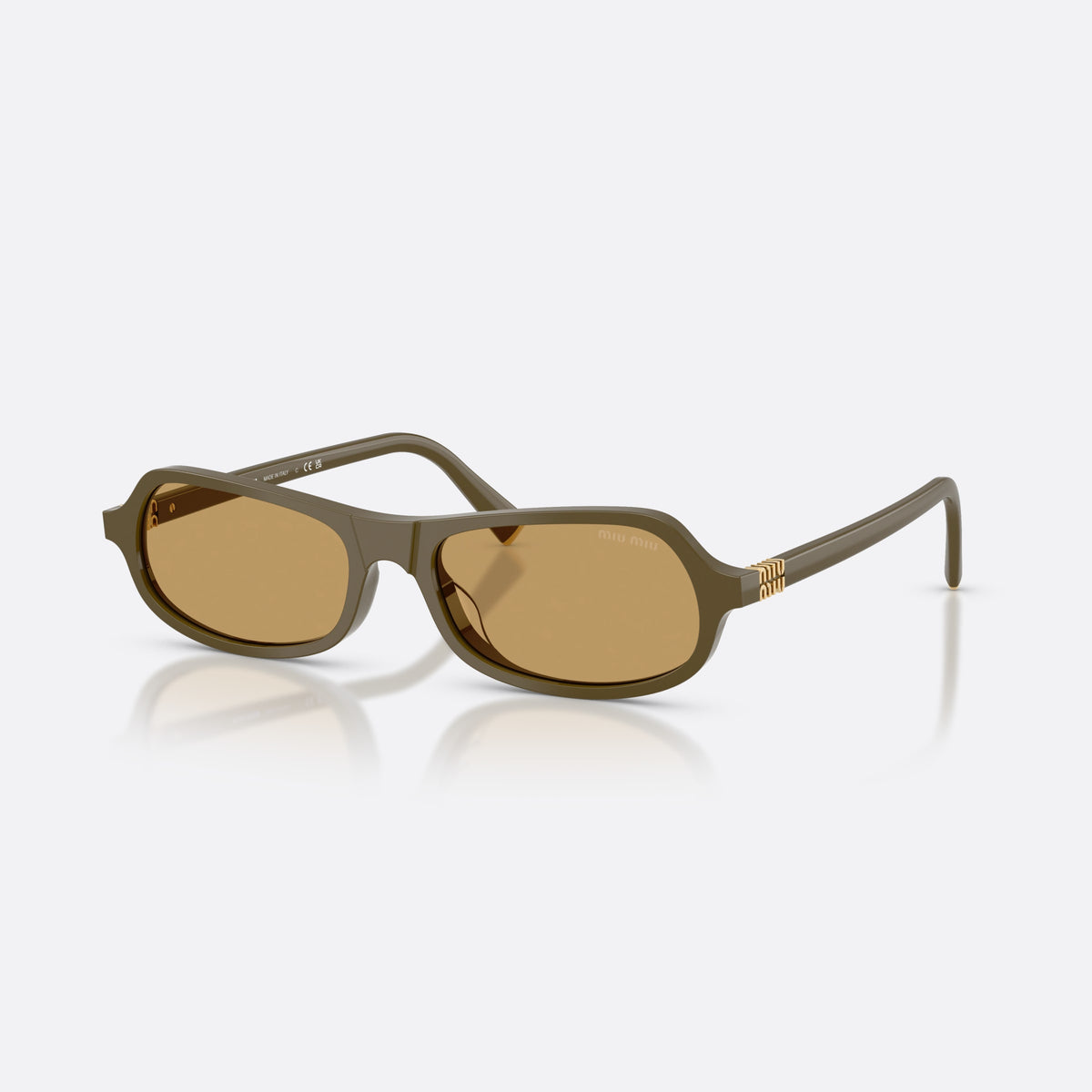 Miu Miu MU B10SU 25L10Y sunglasses, green irregular frame for women, plain integrated bridge, brand lettering on temple