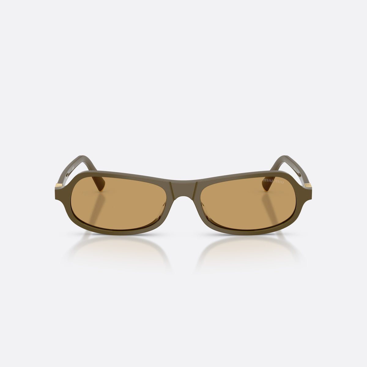 Miu Miu MU B10SU 25L10Y sunglasses, green irregular frame for women, plain integrated bridge, brand lettering on temple, front view