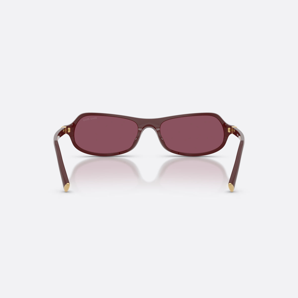 Miu Miu MU B10SU 26L20Y sunglasses, violet irregular frame for women, plain double bridge, brand lettering on temple, back view