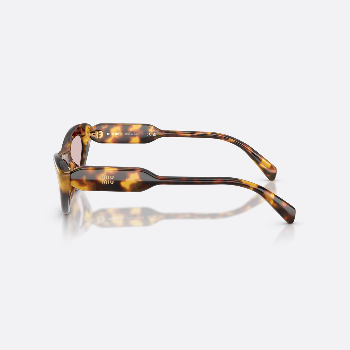 Miu Miu MU B11SU 14L4I0 sunglasses, havana cat eye frame for women, plain bridge joining lenses, full-rim acetate-style frame, side view