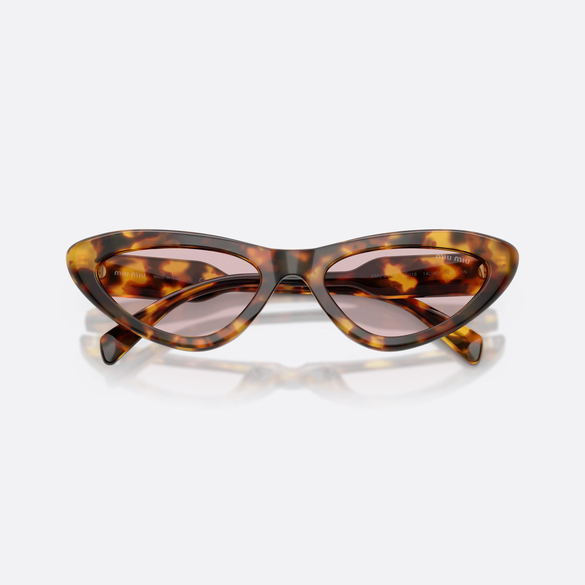 Miu Miu MU B11SU 14L4I0 sunglasses, havana cat eye frame for women, plain bridge joining lenses, full-rim acetate-style frame, folded