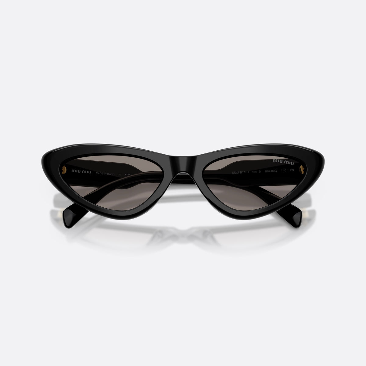 Miu Miu MU B11SU 16K80Q sunglasses, black cat eye frame for women, plain bridge joining lenses, full-rim thick frame, folded