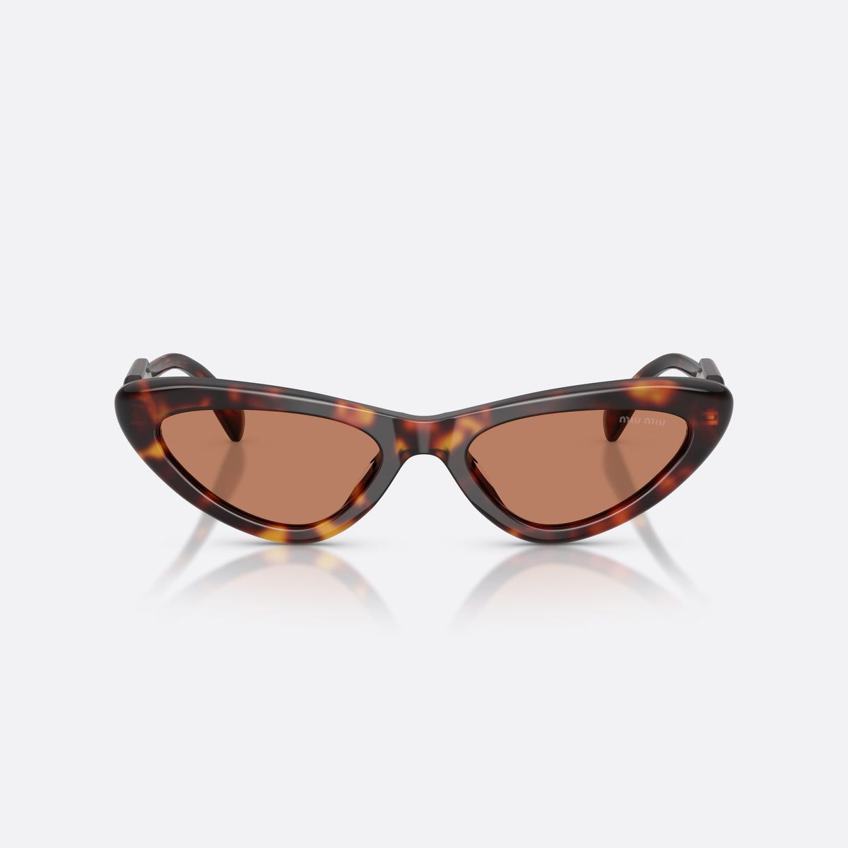 Miu Miu MU B11SU 27L90Q sunglasses, havana cat eye frame for women, plain bridge, brand lettering on temples, front view