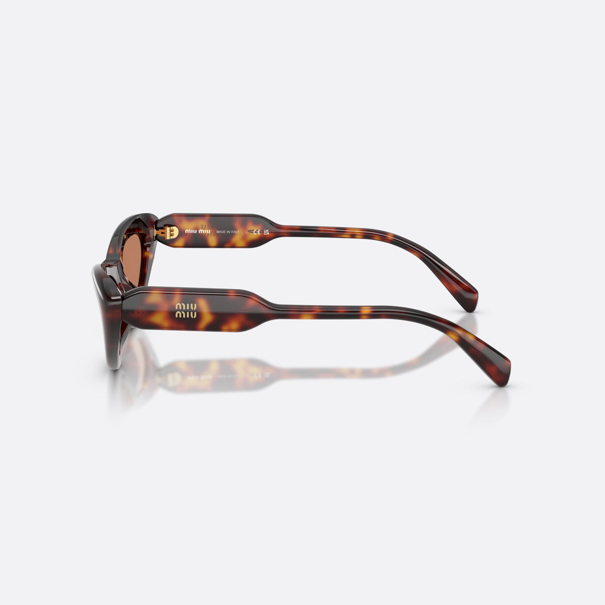 Miu Miu MU B11SU 27L90Q sunglasses, havana cat eye frame for women, plain bridge, brand lettering on temples, side view