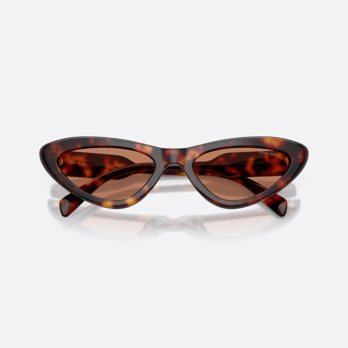 Miu Miu MU B11SU 27L90Q sunglasses, havana cat eye frame for women, plain bridge, brand lettering on temples, folded