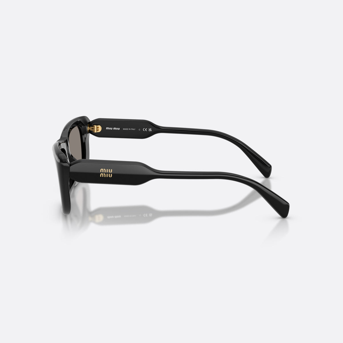 Miu Miu MU B12S 16K80Q sunglasses, black rectangle frame for women, plain bridge, integrated into frame, full-rim frame, side view